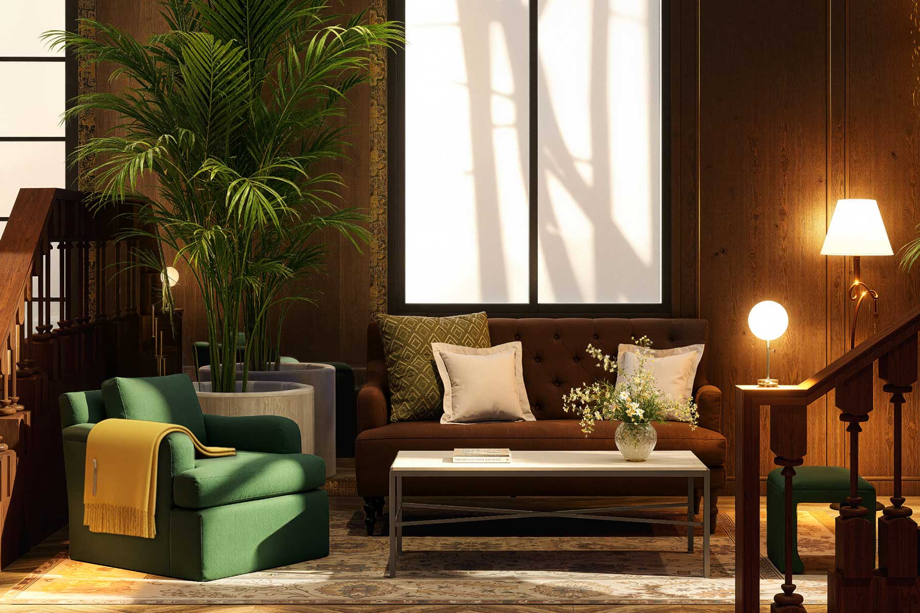 Cozy living room with green chair, brown sofa, plants, and warm lighting.