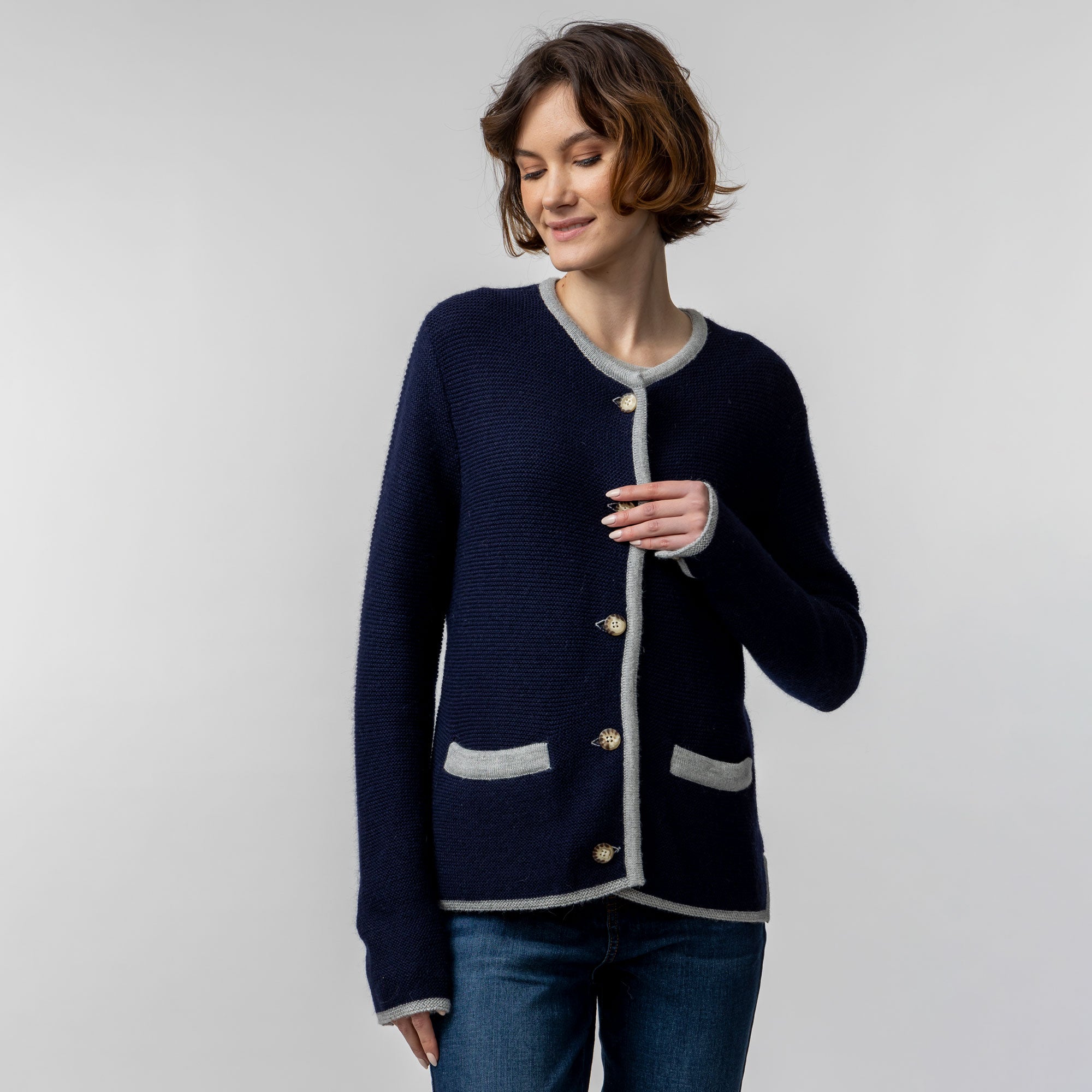 Alpaca Fashion - alicia adams alpaca Innsbruck Cardigan - Navy Pearl Grey Alpaca Wool Cardigan