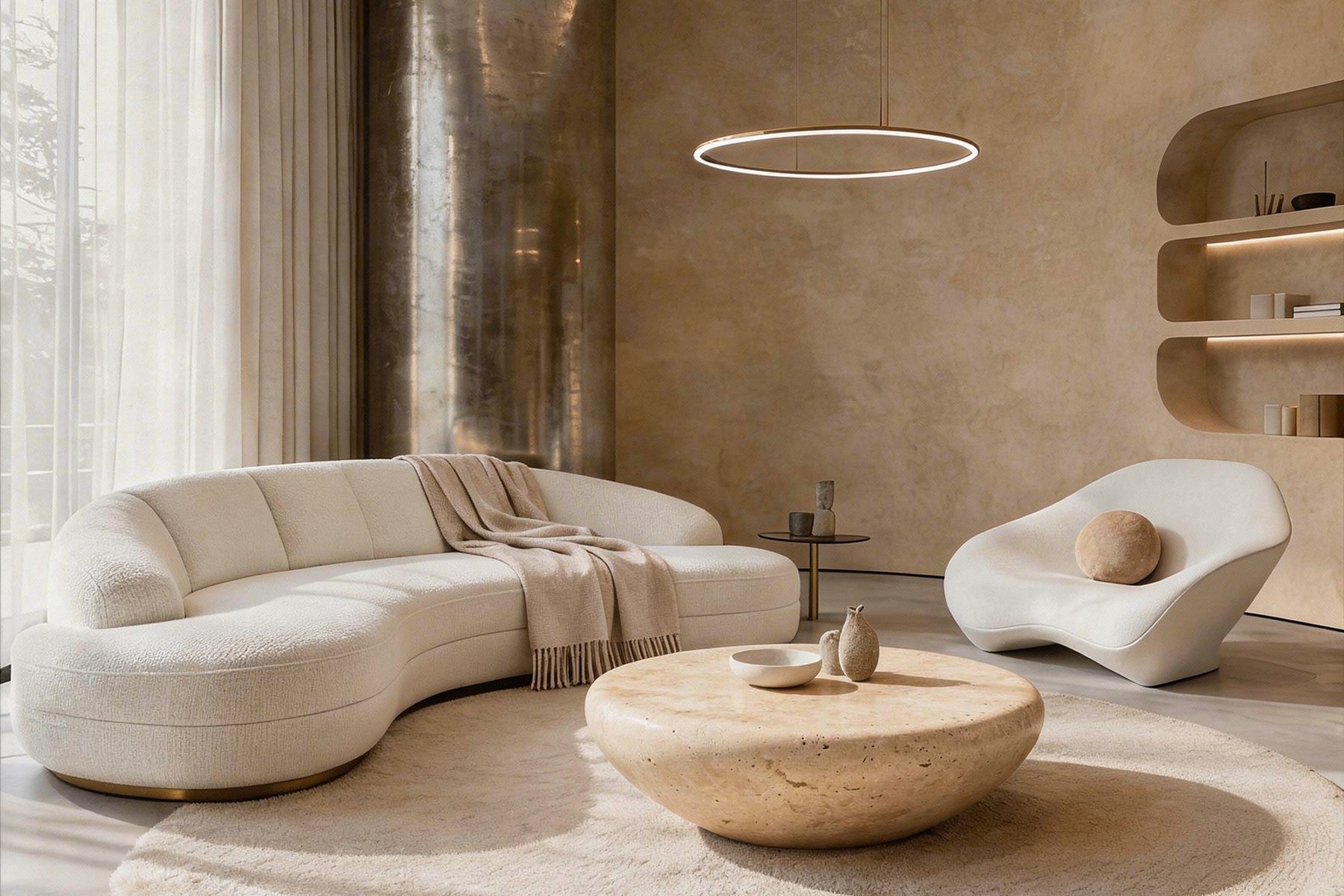 Modern living room with a curved sofa, round coffee table, and soft lighting.