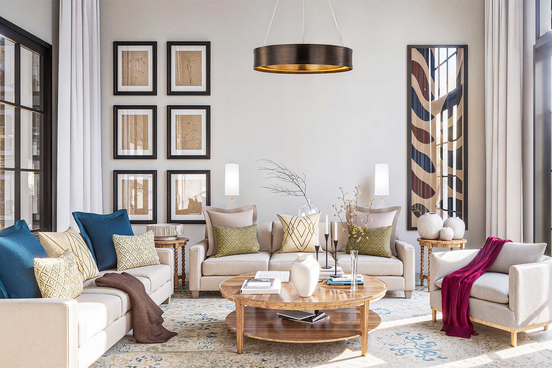 Modern living room with comfortable furniture and decorative elements.