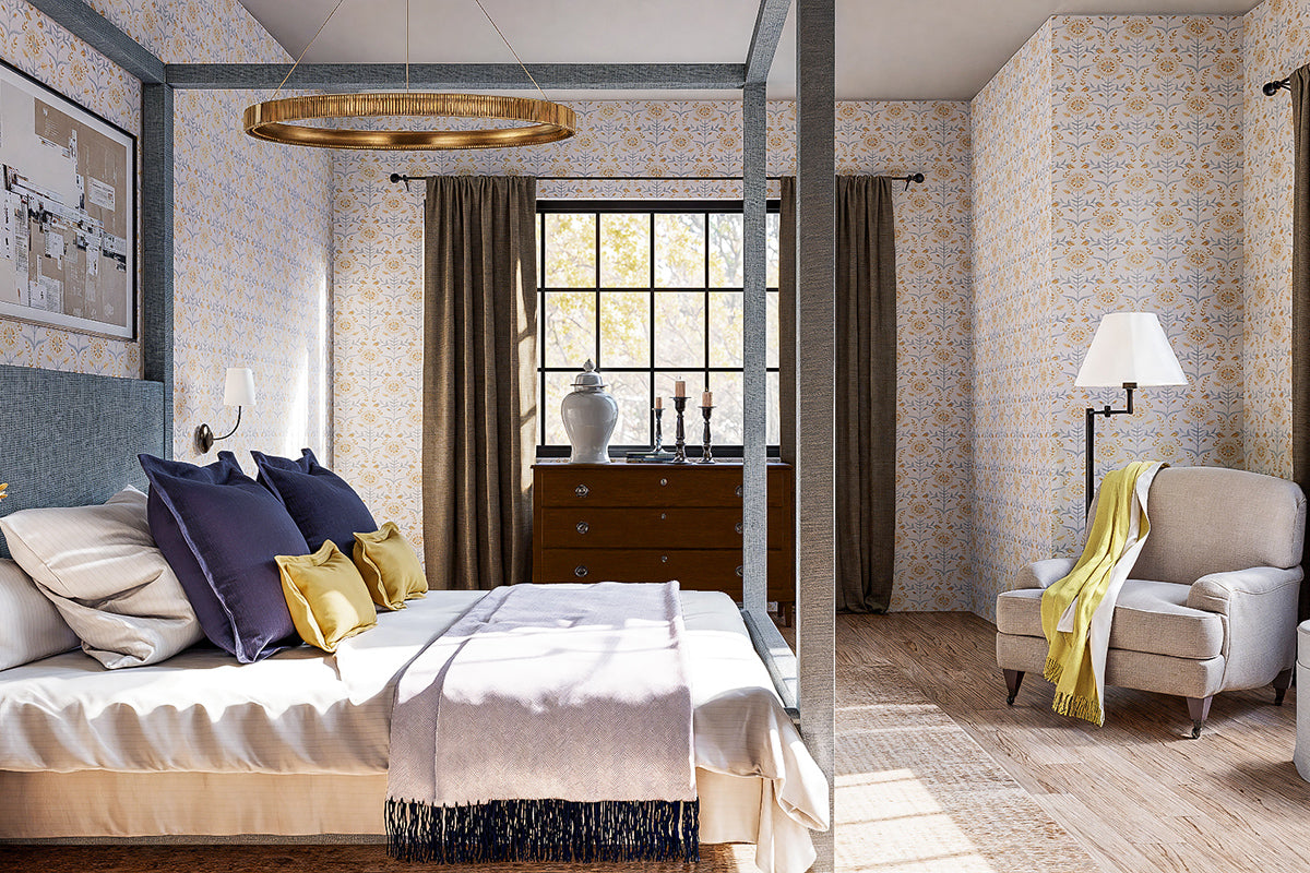Cozy bedroom with a canopy bed, chair, and natural light.