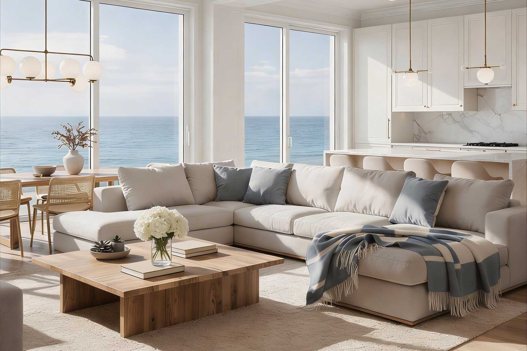Modern living room with ocean view, light colors, and cozy furniture.