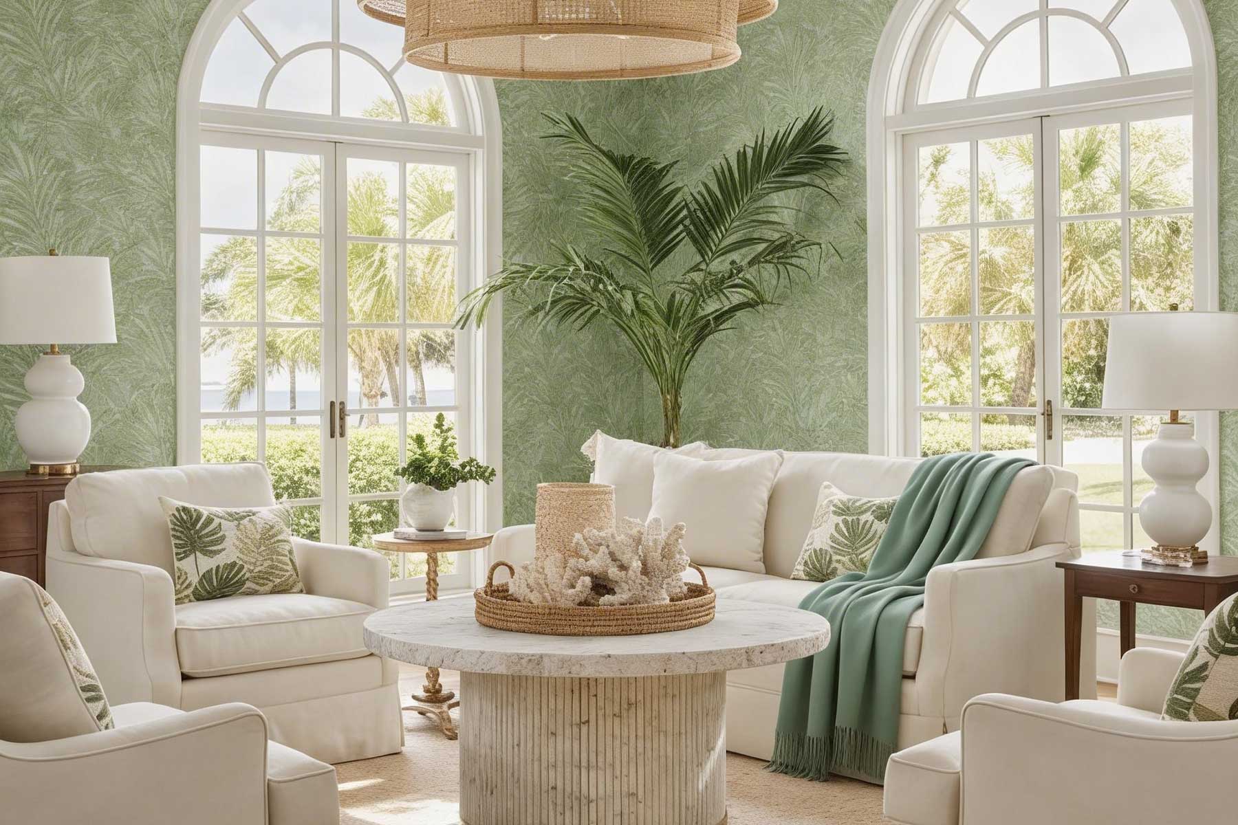 Cozy living room with green walls, plants, and comfortable white furniture.