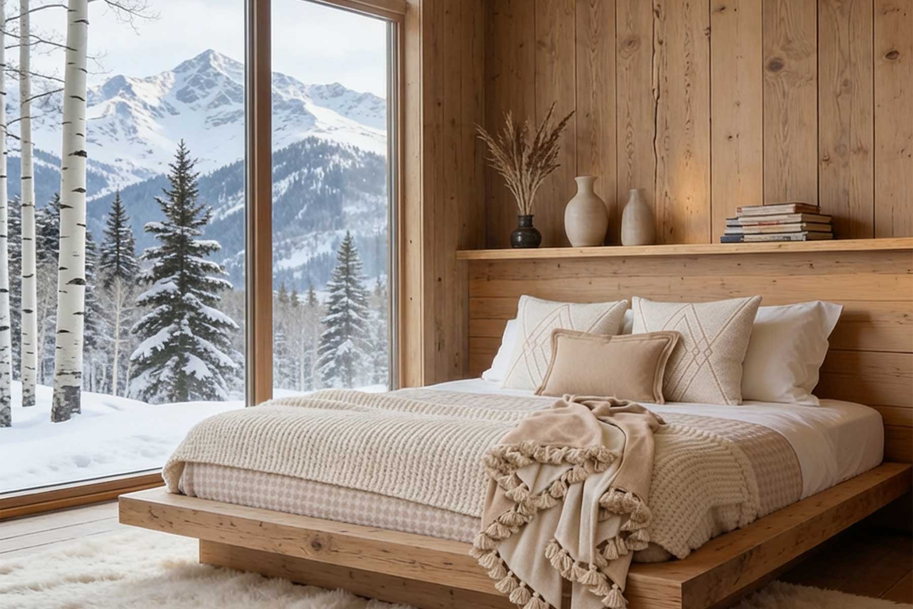 Cozy bedroom with wooden decor and snowy mountain view outside.