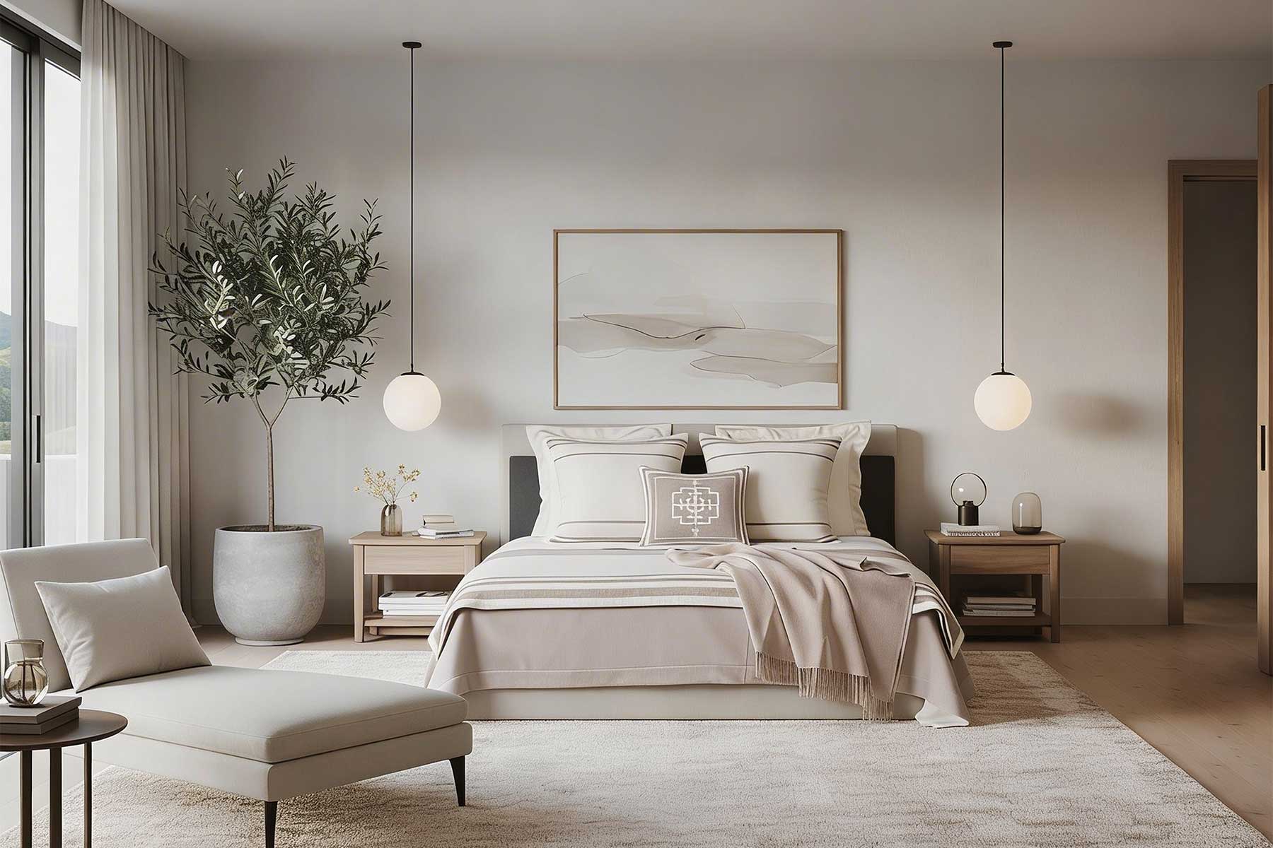 Modern bedroom with large bed, plants, and stylish decor.