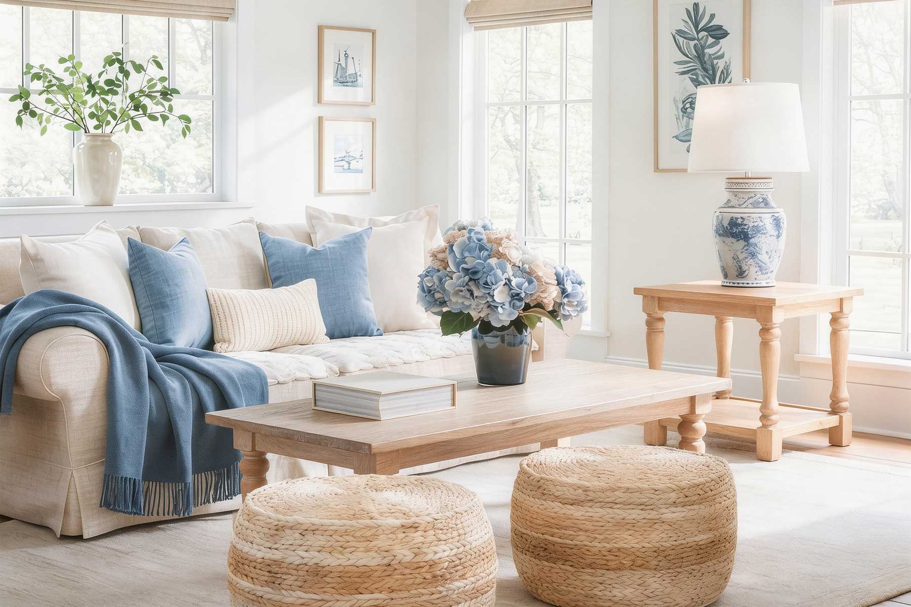 Cozy living room with blue accents, flowers, and natural light.